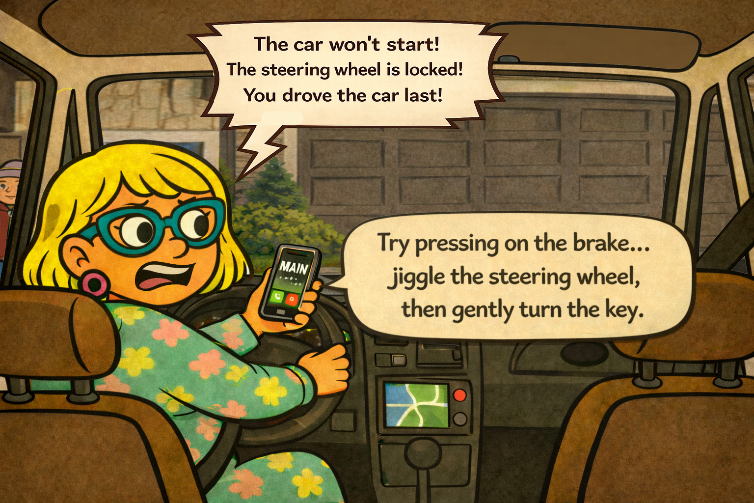 Narcy blame shifts to main since he was the last to drive the car after explaining the problem. Main gives instructions on how to start the car