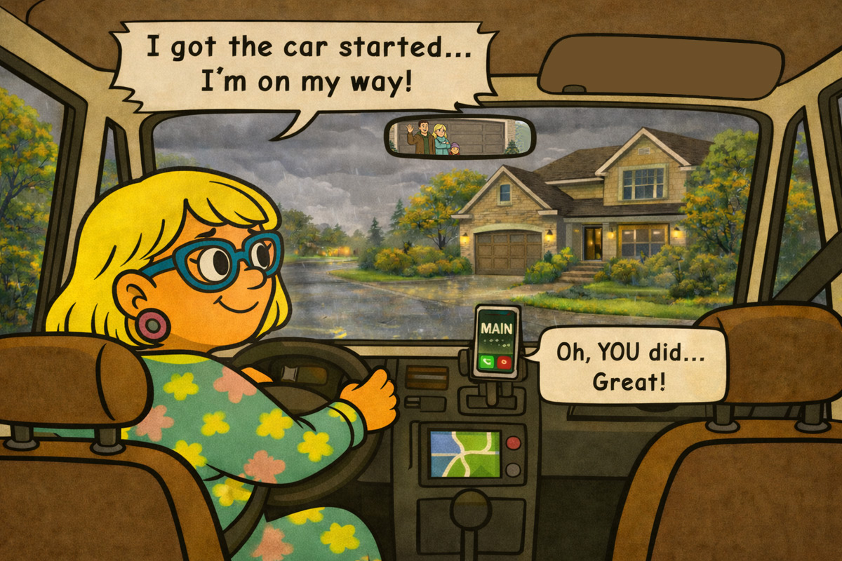 Narcy tells main she got the car started and is on her way homew as she looks in th rear-view mirror at her family