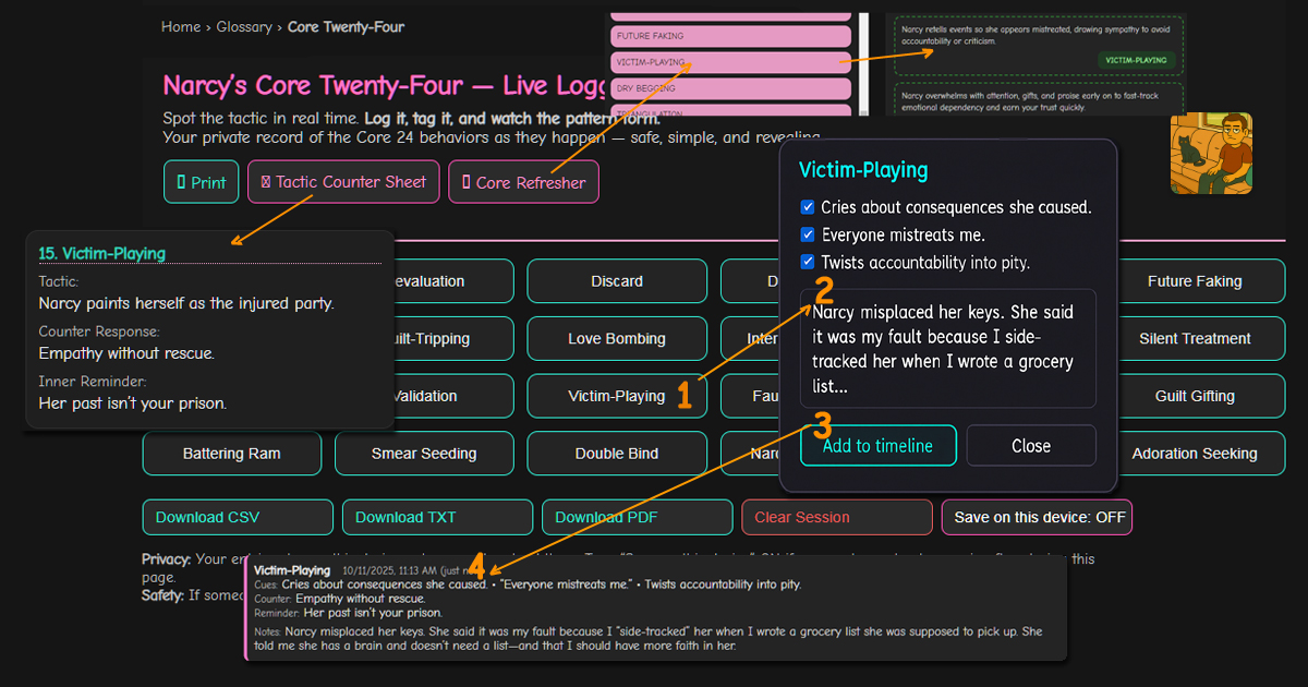 Three connected panels show NarcyNarc’s Core 24 tools in action: 
           the Live Logger journal with timestamp and typed entry, 
           the Counter Sheet with tactic–counter–reminder layout, 
           and the Refresher drag-and-drop board with the term ‘Victim-Playing’ highlighted in teal. 
           The dark interface glows with pink and teal accents, showing awareness in motion.