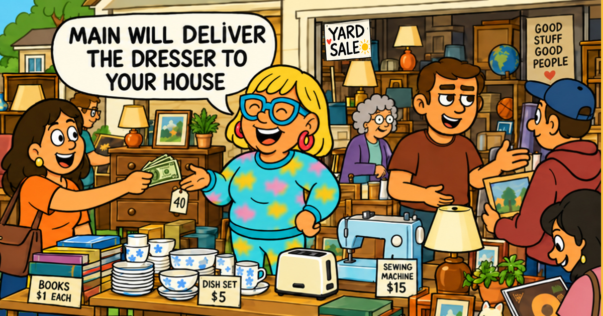 At a busy garage sale, Main tells several neighbors about delivering furniture to an immaculate home while Narcy hears the compliment as criticism of her