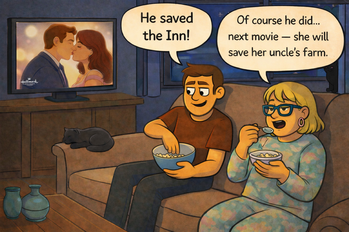 As the movie ends, Main relaxes while Narcy continues to fixate on his earlier reaction to the actress.