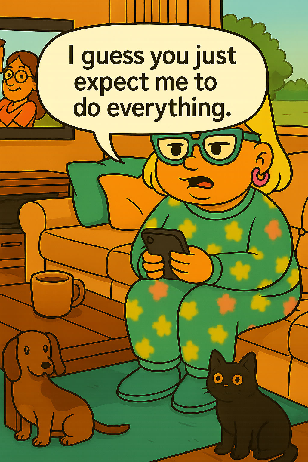 Narcy in the living room looking at her smartphone, dismissing Main’s request as if she is busy.