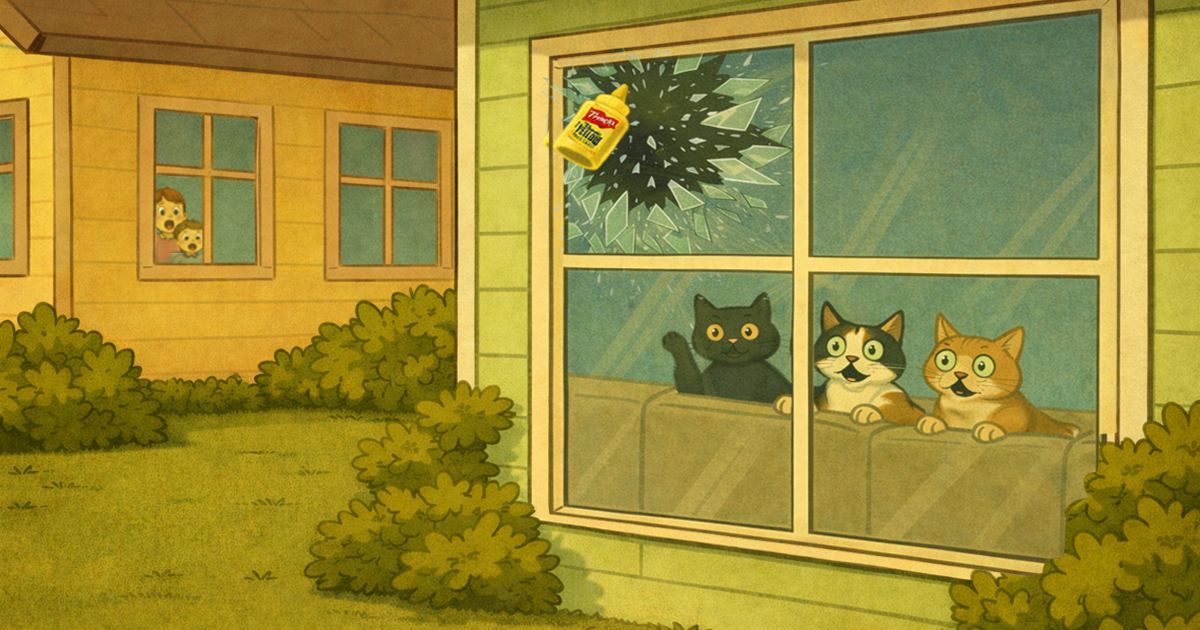 Mustard bottle crashing through a window while three startled cats watch, illustrating the Narcy 'Mustard Incident'
