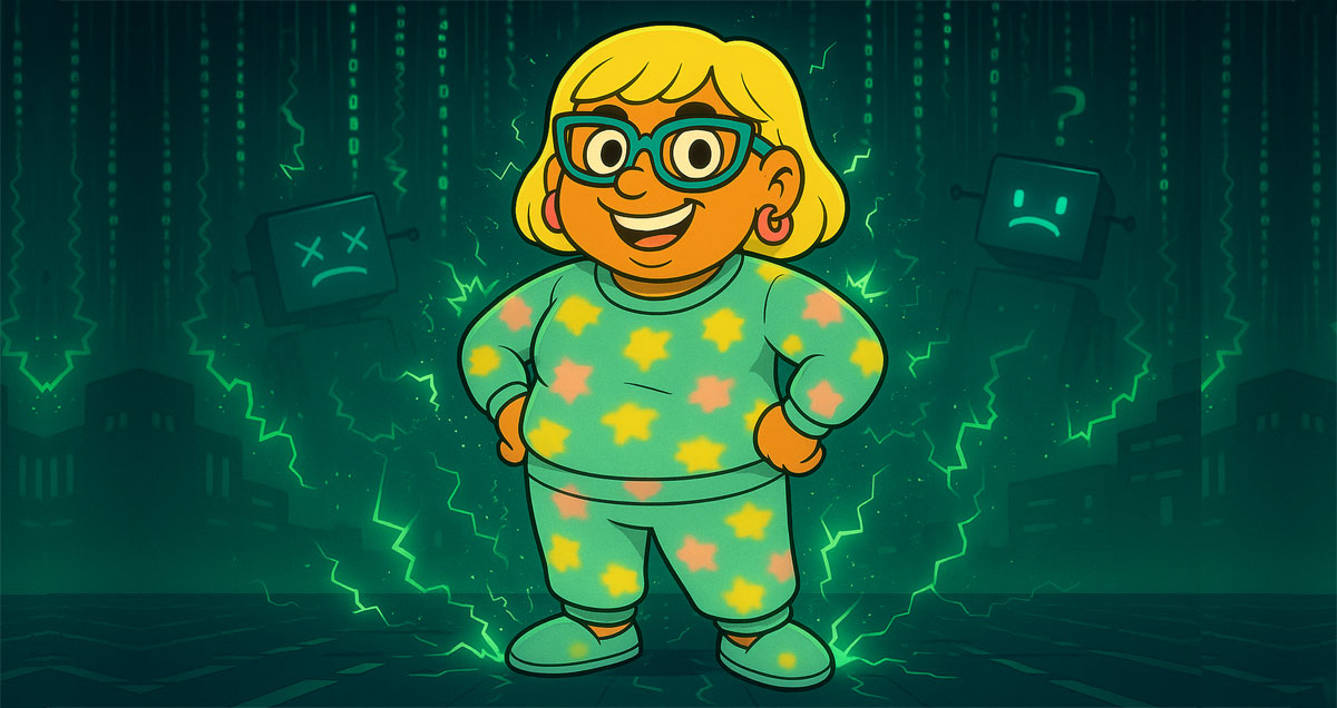 Narcy stands confidently in a Matrix-style digital environment, wearing a pastel tie-dye sweatsuit and teal glasses, as green code glitches around her and confused bots spark behind her.