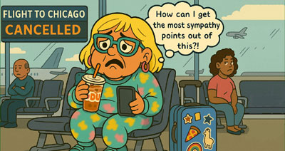 Narcy at the airport fishing for sympathy after her flight cancellation