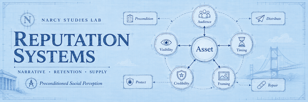 Blueprint-style reputation systems map showing assets, audiences, visibility, timing, credibility, framing, precondition, protect, distribute, protect