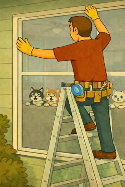 Main Supply replacing the broken window after the mustard bottle incident while cats watch from inside